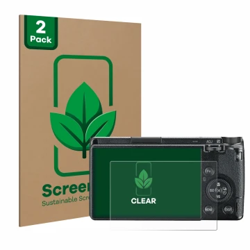 Parte frontal de un envase de producto con el logotipo de la marca ScreenLeaf. Al lado se muestra el dispositivo Ricoh GR III 
