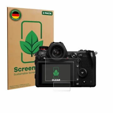 Parte frontal de un envase de producto con el logotipo de la marca ScreenLeaf. Al lado se muestra el dispositivo Panasonic Lum