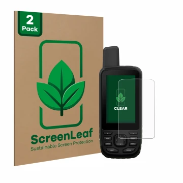 Parte frontal de un envase de producto con el logotipo de la marca ScreenLeaf. Al lado se muestra el dispositivo Garmin GPSMAP