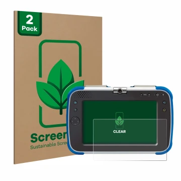 Parte frontal de un envase de producto con el logotipo de la marca ScreenLeaf. Al lado se muestra el dispositivo Vtech Storio 