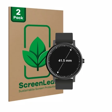 Parte frontal de un envase de producto con el logotipo de la marca ScreenLeaf. Al lado se muestra el dispositivo Relojes (Circ