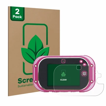 Parte frontal de un envase de producto con el logotipo de la marca ScreenLeaf. Al lado se muestra el dispositivo Vtech Kidizoo