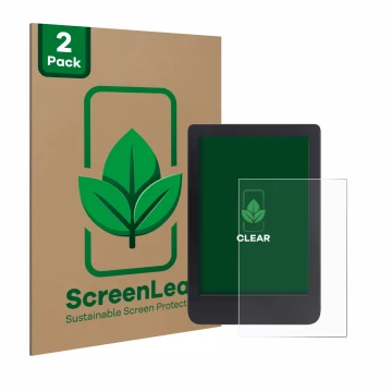 Parte frontal de un envase de producto con el logotipo de la marca ScreenLeaf. Al lado se muestra el dispositivo Tolino Shine 