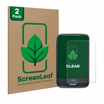 Parte frontal de un envase de producto con el logotipo de la marca ScreenLeaf. Al lado se muestra el dispositivo Dexcom G6 Rec