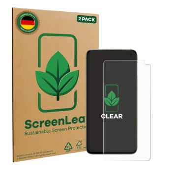 Parte frontal de un envase de producto con el logotipo de la marca ScreenLeaf. Al lado se muestra el dispositivo Samsung Galax