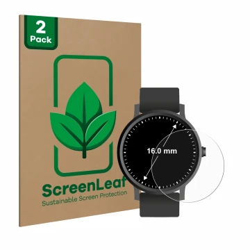 Parte frontal de un envase de producto con el logotipo de la marca ScreenLeaf. Al lado se muestra el dispositivo Circular Disp