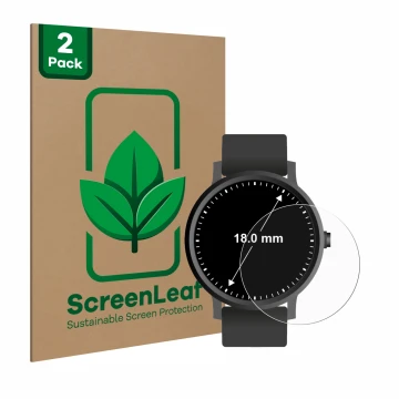 Parte frontal de un envase de producto con el logotipo de la marca ScreenLeaf. Al lado se muestra el dispositivo Circular Disp