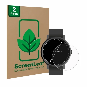 Parte frontal de un envase de producto con el logotipo de la marca ScreenLeaf. Al lado se muestra el dispositivo Circular Disp