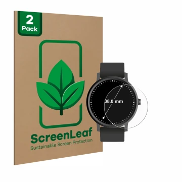 Parte frontal de un envase de producto con el logotipo de la marca ScreenLeaf. Al lado se muestra el dispositivo Circular Disp