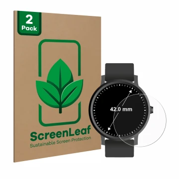 Parte frontal de un envase de producto con el logotipo de la marca ScreenLeaf. Al lado se muestra el dispositivo Circular Disp