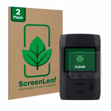 Parte frontal de un envase de producto con el logotipo de la marca ScreenLeaf. Al lado se muestra el dispositivo Motorola Advi