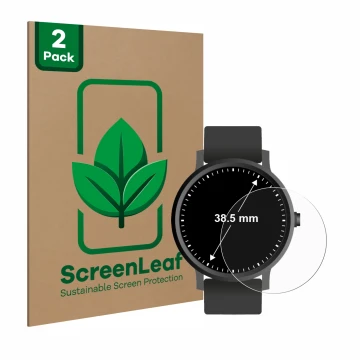 Parte frontal de un envase de producto con el logotipo de la marca ScreenLeaf. Al lado se muestra el dispositivo Circular Disp