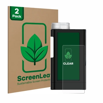 Parte frontal de un envase de producto con el logotipo de la marca ScreenLeaf. Al lado se muestra el dispositivo Mylife YpsoPu
