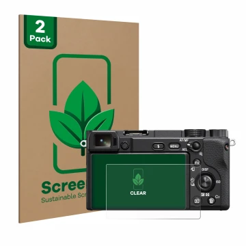 Parte frontal de un envase de producto con el logotipo de la marca ScreenLeaf. Al lado se muestra el dispositivo Sony Alpha 64