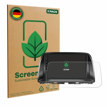 Parte frontal de un envase de producto con el logotipo de la marca ScreenLeaf. Al lado se muestra el dispositivo Mazda CX-5 20