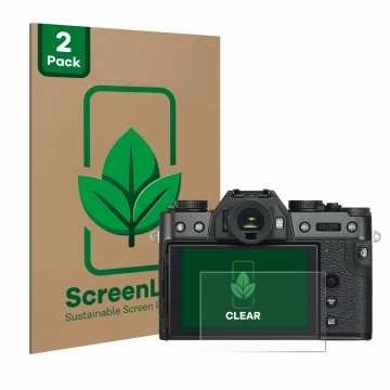 Parte frontal de un envase de producto con el logotipo de la marca ScreenLeaf. Al lado se muestra el dispositivo Fujifilm X-T3