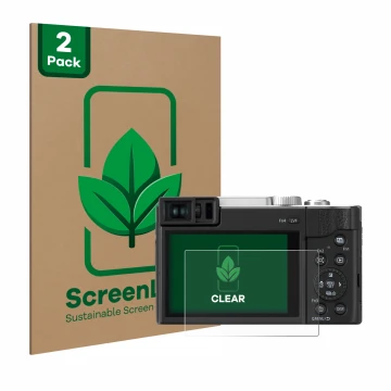 Parte frontal de un envase de producto con el logotipo de la marca ScreenLeaf. Al lado se muestra el dispositivo Panasonic Lum