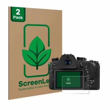 Parte frontal de un envase de producto con el logotipo de la marca ScreenLeaf. Al lado se muestra el dispositivo Panasonic Lum