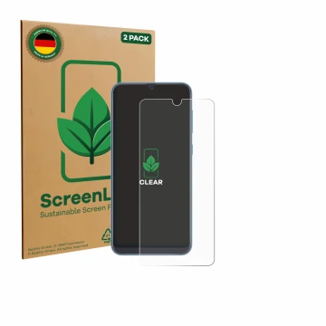 Parte frontal de un envase de producto con el logotipo de la marca ScreenLeaf. Al lado se muestra el dispositivo Samsung Galax