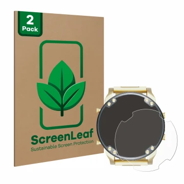 Parte frontal de un envase de producto con el logotipo de la marca ScreenLeaf. Al lado se muestra el dispositivo Diesel DZ7333