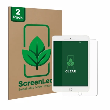 Parte frontal de un envase de producto con el logotipo de la marca ScreenLeaf. Al lado se muestra el dispositivo Apple iPad Mi