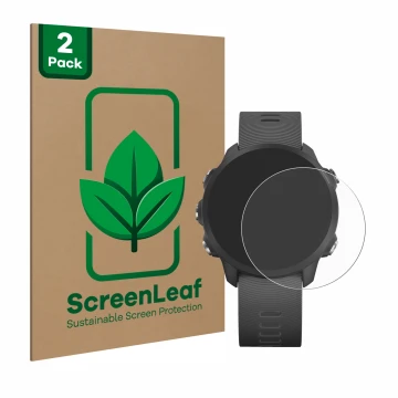 Parte frontal de un envase de producto con el logotipo de la marca ScreenLeaf. Al lado se muestra el dispositivo Garmin Foreru