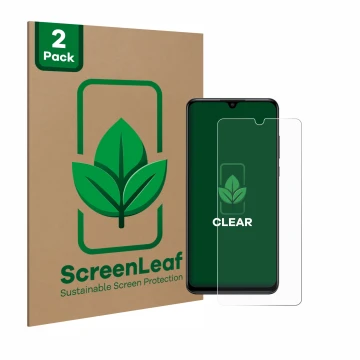 Parte frontal de un envase de producto con el logotipo de la marca ScreenLeaf. Al lado se muestra el dispositivo Huawei P30 li