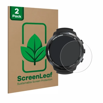 Parte frontal de un envase de producto con el logotipo de la marca ScreenLeaf. Al lado se muestra el dispositivo Suunto D5 con