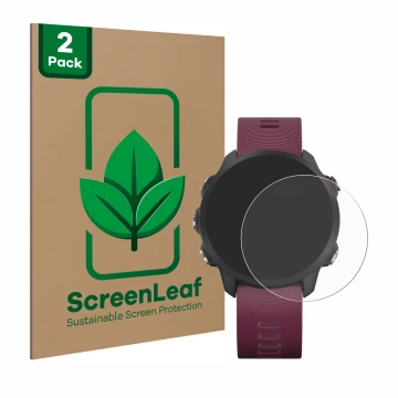 Parte frontal de un envase de producto con el logotipo de la marca ScreenLeaf. Al lado se muestra el dispositivo Garmin Foreru