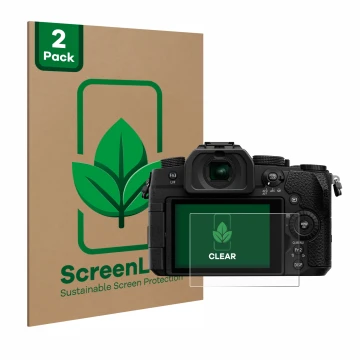 Parte frontal de un envase de producto con el logotipo de la marca ScreenLeaf. Al lado se muestra el dispositivo Panasonic Lum
