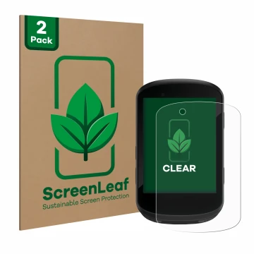 Parte frontal de un envase de producto con el logotipo de la marca ScreenLeaf. Al lado se muestra el dispositivo Garmin Edge 5