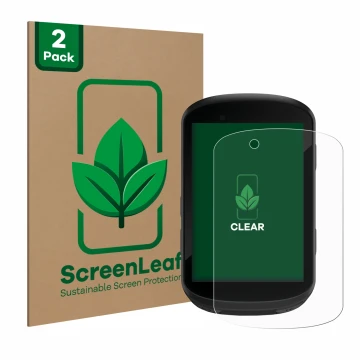 Parte frontal de un envase de producto con el logotipo de la marca ScreenLeaf. Al lado se muestra el dispositivo Garmin Edge 8