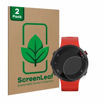 Parte frontal de un envase de producto con el logotipo de la marca ScreenLeaf. Al lado se muestra el dispositivo Garmin Foreru