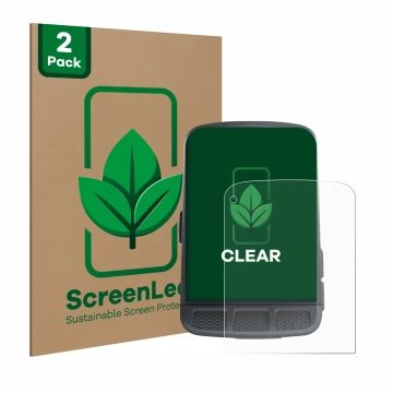 Parte frontal de un envase de producto con el logotipo de la marca ScreenLeaf. Al lado se muestra el dispositivo Wahoo Elemnt 