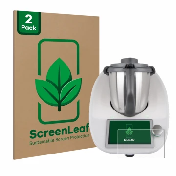 Parte frontal de un envase de producto con el logotipo de la marca ScreenLeaf. Al lado se muestra el dispositivo Vorwerk Bimby
