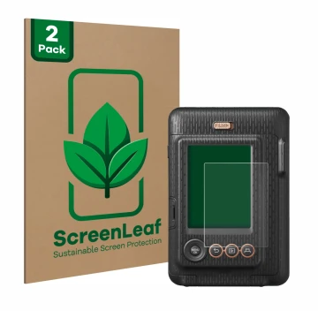 Parte frontal de un envase de producto con el logotipo de la marca ScreenLeaf. Al lado se muestra el dispositivo Fujifilm Inst