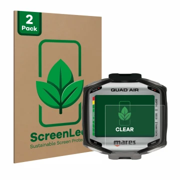 Parte frontal de un envase de producto con el logotipo de la marca ScreenLeaf. Al lado se muestra el dispositivo Mares Quad Ai
