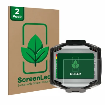 Parte frontal de un envase de producto con el logotipo de la marca ScreenLeaf. Al lado se muestra el dispositivo Mares Quad co