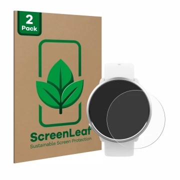 Parte frontal de un envase de producto con el logotipo de la marca ScreenLeaf. Al lado se muestra el dispositivo Polar Ignite 