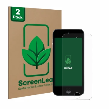Parte frontal de un envase de producto con el logotipo de la marca ScreenLeaf. Al lado se muestra el dispositivo Apple iPod To