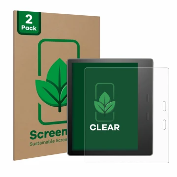Parte frontal de un envase de producto con el logotipo de la marca ScreenLeaf. Al lado se muestra el dispositivo Amazon Kindle
