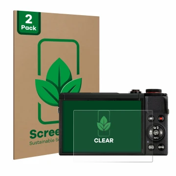 Parte frontal de un envase de producto con el logotipo de la marca ScreenLeaf. Al lado se muestra el dispositivo Canon PowerSh