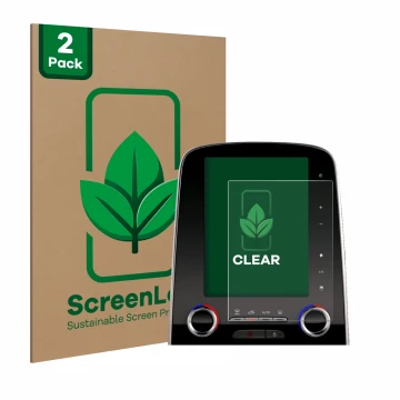 Parte frontal de un envase de producto con el logotipo de la marca ScreenLeaf. Al lado se muestra el dispositivo Renault Sceni