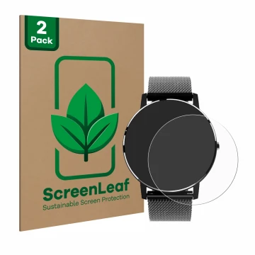 Parte frontal de un envase de producto con el logotipo de la marca ScreenLeaf. Al lado se muestra el dispositivo Holalei Fitne