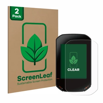 Parte frontal de un envase de producto con el logotipo de la marca ScreenLeaf. Al lado se muestra el dispositivo Bryton Rider 