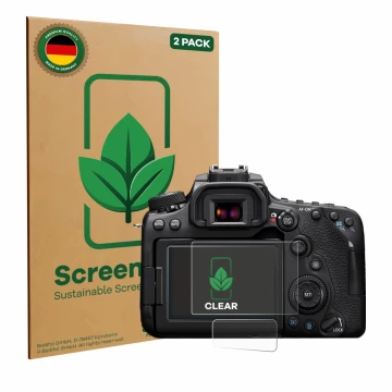 Parte frontal de un envase de producto con el logotipo de la marca ScreenLeaf. Al lado se muestra el dispositivo Canon EOS 90D