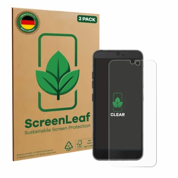 Parte frontal de un envase de producto con el logotipo de la marca ScreenLeaf. Al lado se muestra el dispositivo Fairphone 3 c