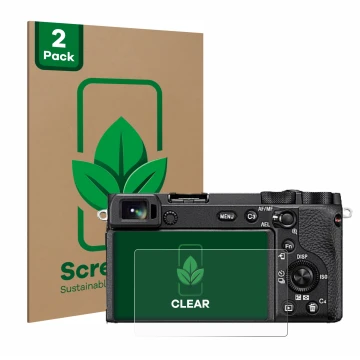 Parte frontal de un envase de producto con el logotipo de la marca ScreenLeaf. Al lado se muestra el dispositivo Sony Alpha 66