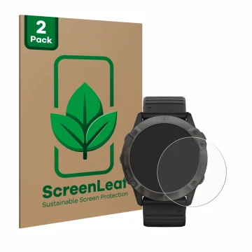 Parte frontal de un envase de producto con el logotipo de la marca ScreenLeaf. Al lado se muestra el dispositivo Garmin Fenix 