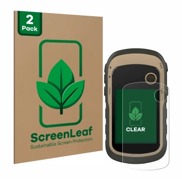 Parte frontal de un envase de producto con el logotipo de la marca ScreenLeaf. Al lado se muestra el dispositivo Garmin eTrex 